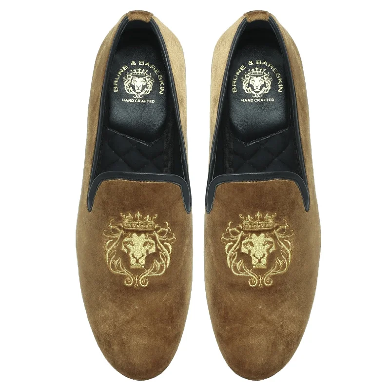 Slip-Resistant Shoes Lion-King Design Men'S Handmade Tan Dual Shade Velvet Slip-On Shoes By Brune & Bareskin