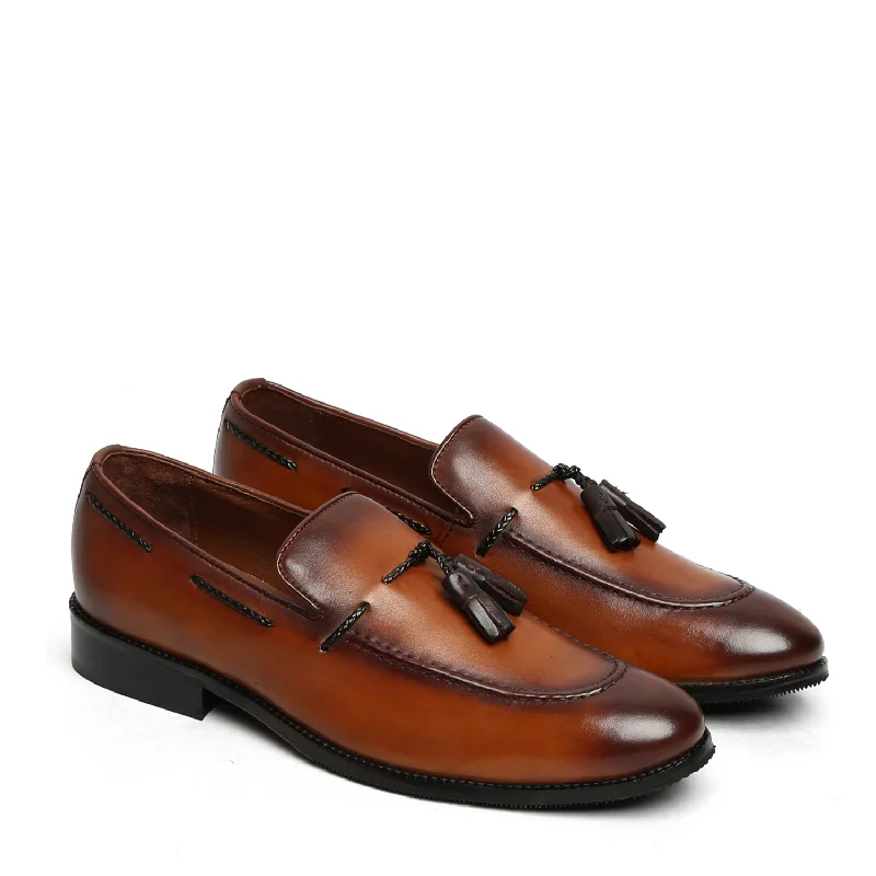 Lightweight Foam Shoes Tan Genuine Leather Loafers with Side Lacing Tassel By Brune & Bareskin
