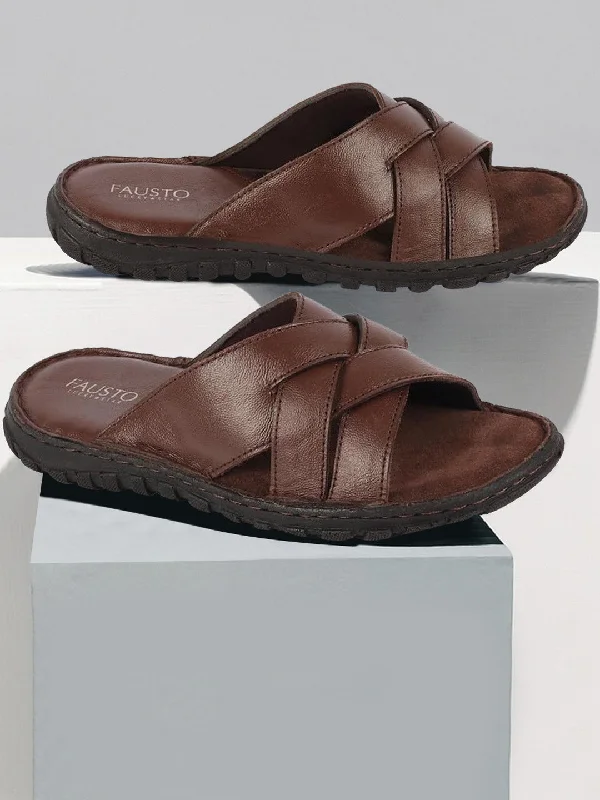 Streetwear Running Shoes Men Brown Genuine Leather Multi Cross Strap Open Toe Suede Leather Insole Slippers