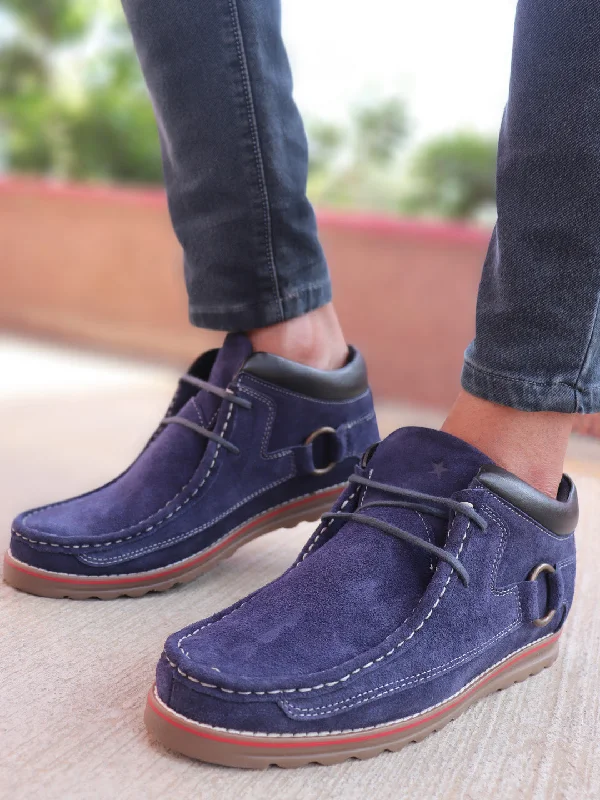 Flexible Sole Sneakers Men Navy Blue Suede Leather Mid Ankle Lace Up Casual Shoes