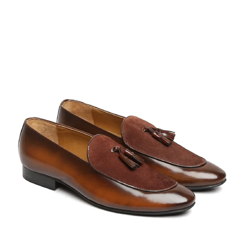 All-Season Sneakers Tan Glossy/Suede Leather Apron Toe Tassel Slip-On Shoes By Brune & Bareskin