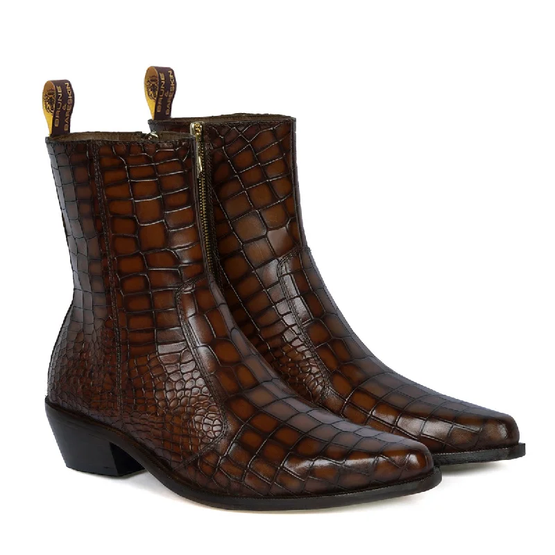 High-Performance Shoes Cowboy Style Deep Cut Croco Tan Smokey Finish Cuban Heel Leather Chelsea Boots By Brune & Bareskin High-Performance Shoes Cowboy Style Deep Cut Croco Tan Smokey Finish Cuban Heel Leather Chelsea Boots By Brune & Bareskin