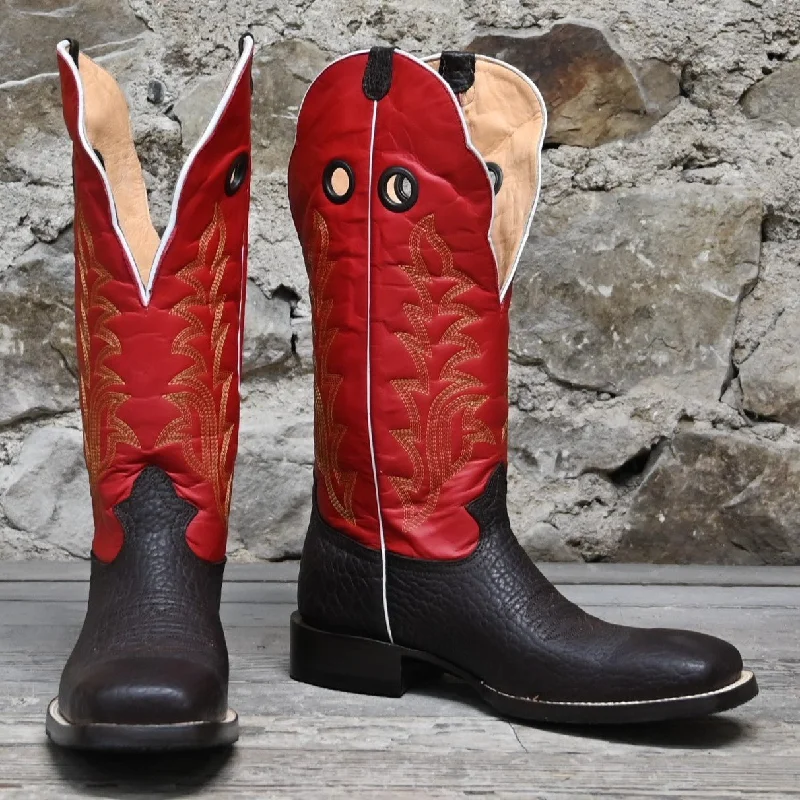 Comfortable Travel Shoes Nutted Calf Men's 16" Boot with Red Top and Chocolate Bullhide Vamp Comfortable Travel Shoes Nutted Calf Men's 16" Boot with Red Top and Chocolate Bullhide Vamp