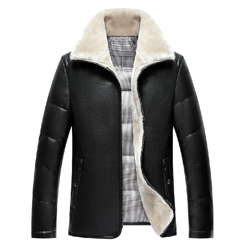 2016 Winter burst models men's lapel PU + 90% white duck down jacket + inside artificial lamb fur fur one pu leather jacket