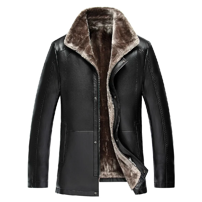 2016 Winter New Turn Down Collar Velet Lining Leather Coat Men Warm Quality Leather Jackets Winter