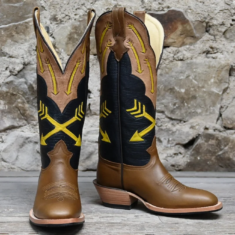 Shockproof Shoes Nutted Calf Men's Tan Boot with Tooled Navy Blue and Gold Arrow Tops Shockproof Shoes Nutted Calf Men's Tan Boot with Tooled Navy Blue and Gold Arrow Tops