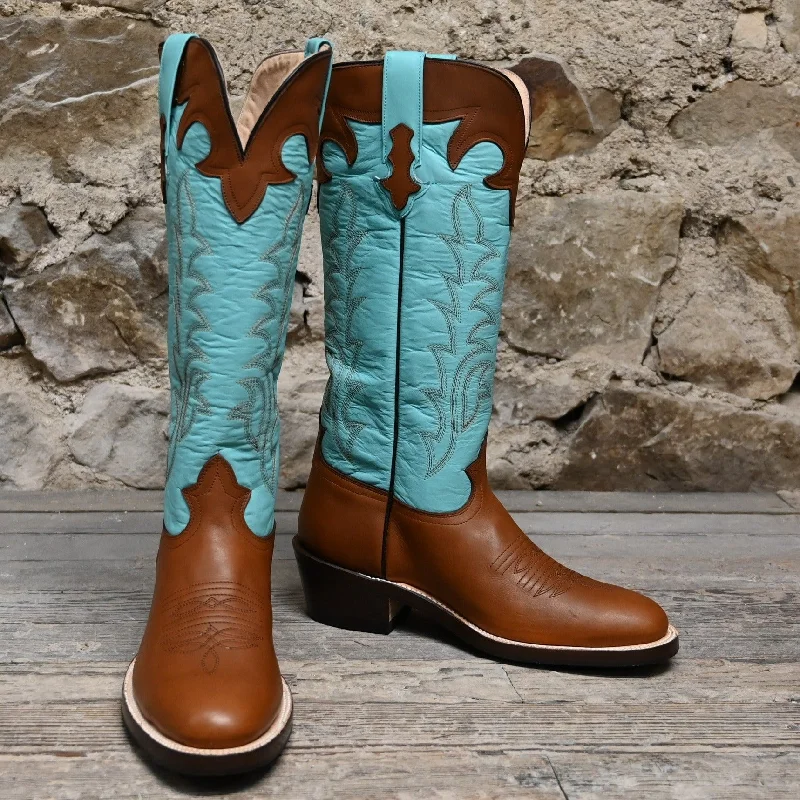 Modern Street Sneakers Nutted Calf Men's 16" Buckaroo Boot with Fancy Pull Strap with Turquoise Top and Tobacco Vamp Modern Street Sneakers Nutted Calf Men's 16" Buckaroo Boot with Fancy Pull Strap with Turquoise Top and Tobacco Vamp