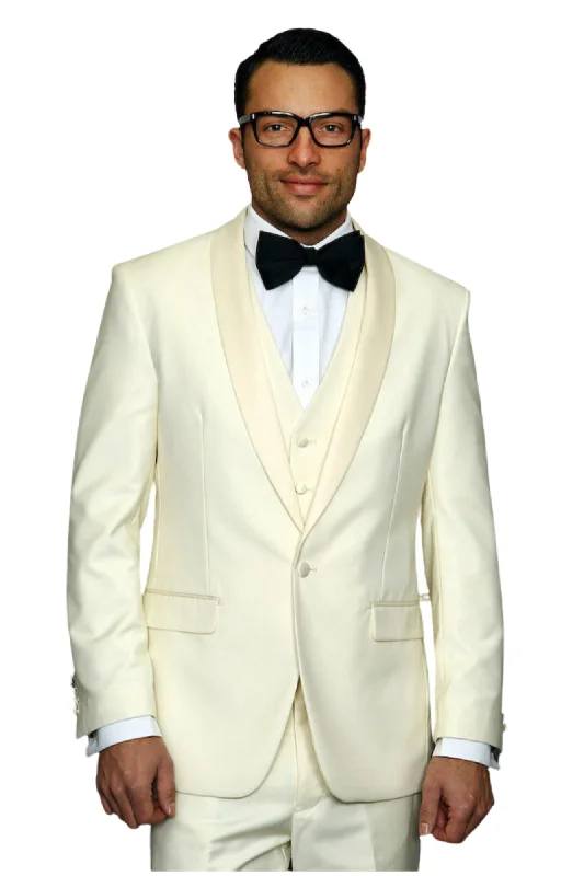 Trendito Collection: Off-White 3PC Shawl Lapel Tuxedo 100% Wool Tailored Fit